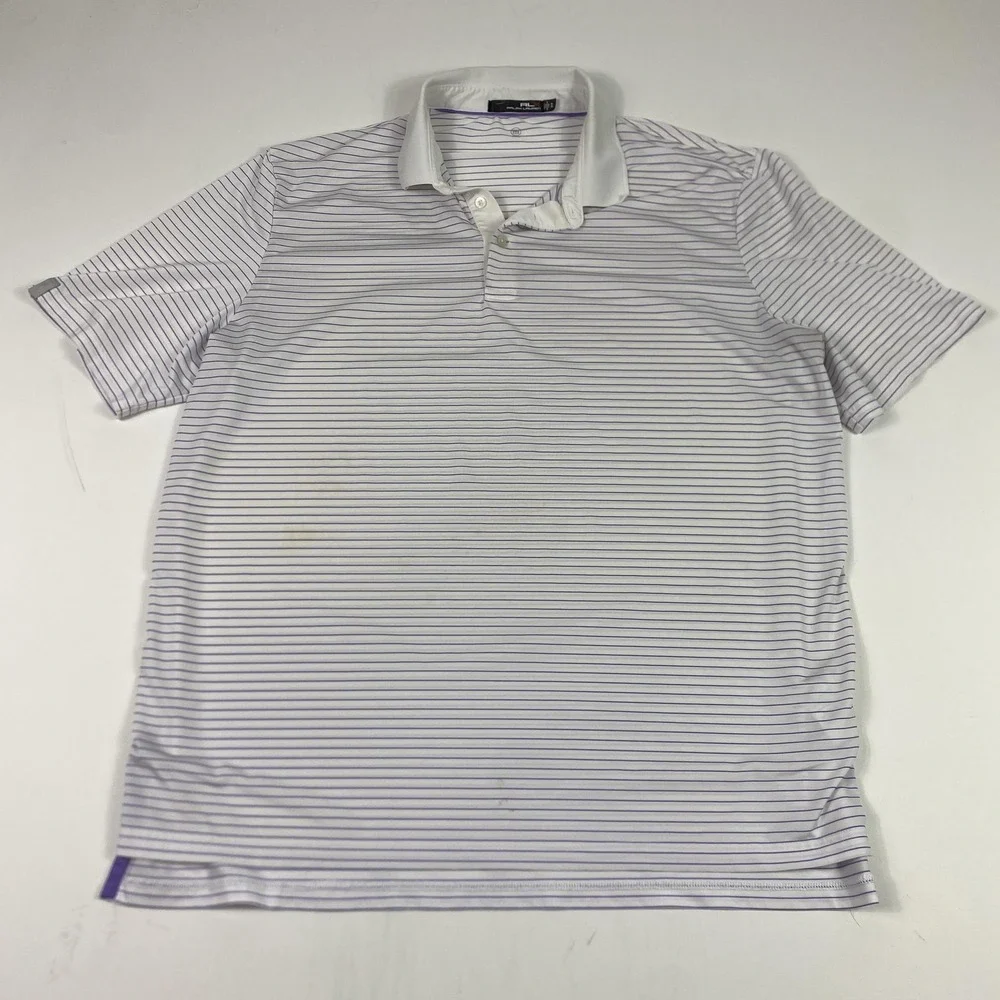 RLX Ralph Lauren Polo Shirt Mens XL White Purple Stripe Golf Performance Wicking